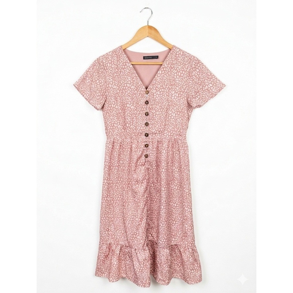 Mikarose Womens Peasant Dress Leopard Print Button Front Midi Short Sleeve XS